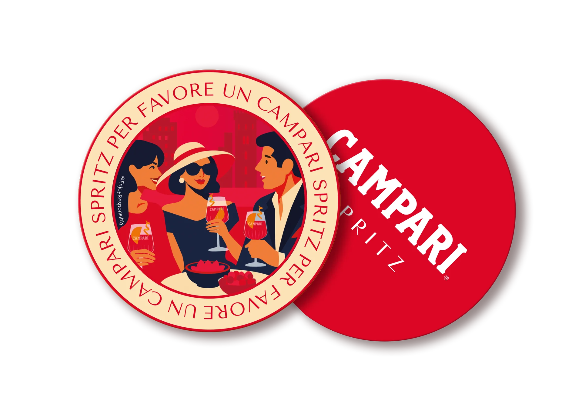 Mockup of branded Campari and Aperol Spritz coasters