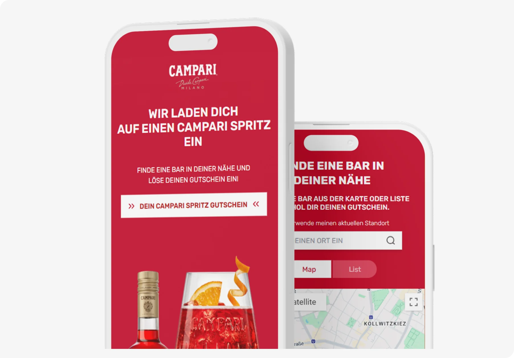 Smartphones showing the Campari Spritz tasting voucher and venue map