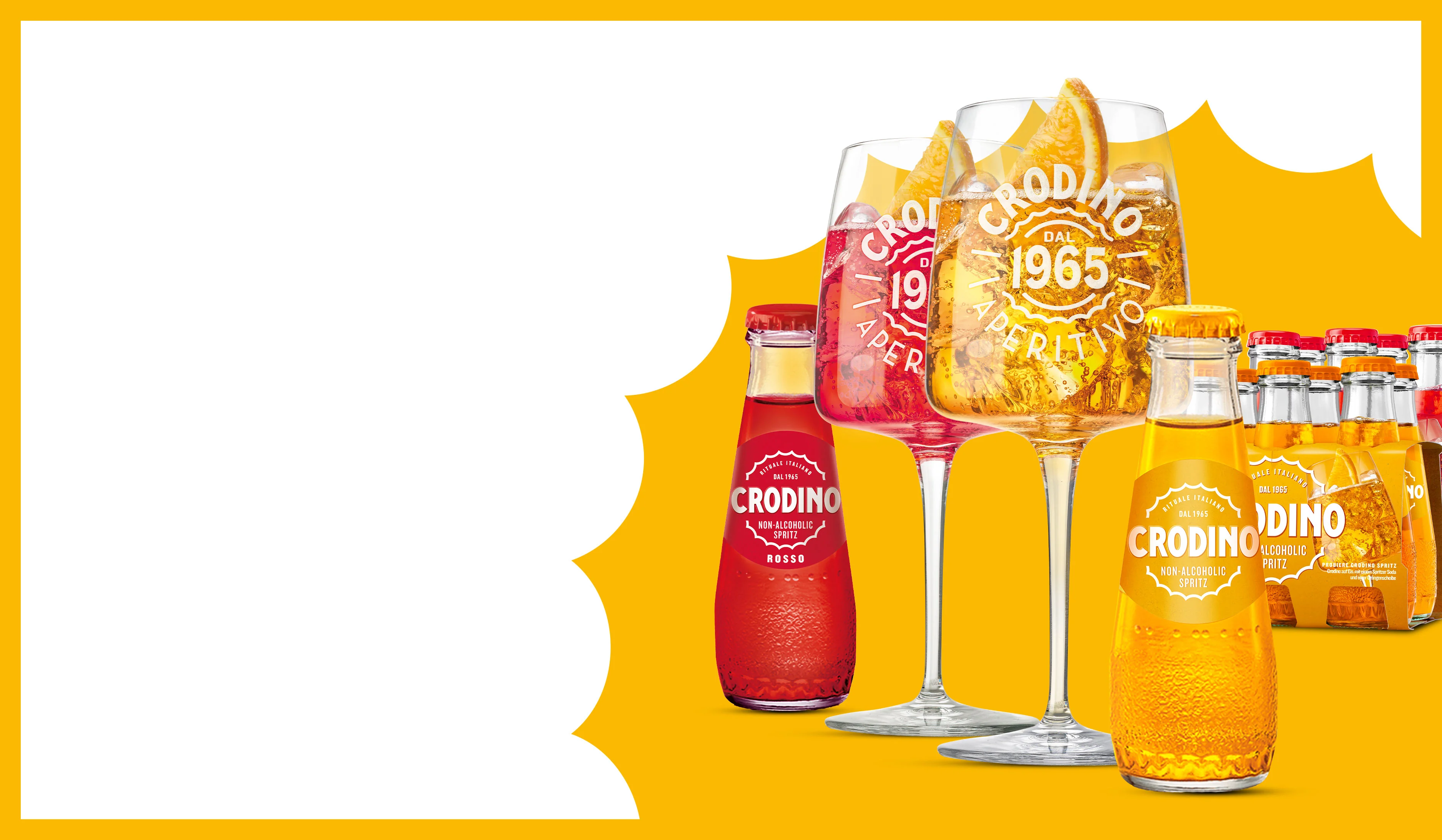 Crodino Biondo and Rosso bottles and glasses on a yellow background