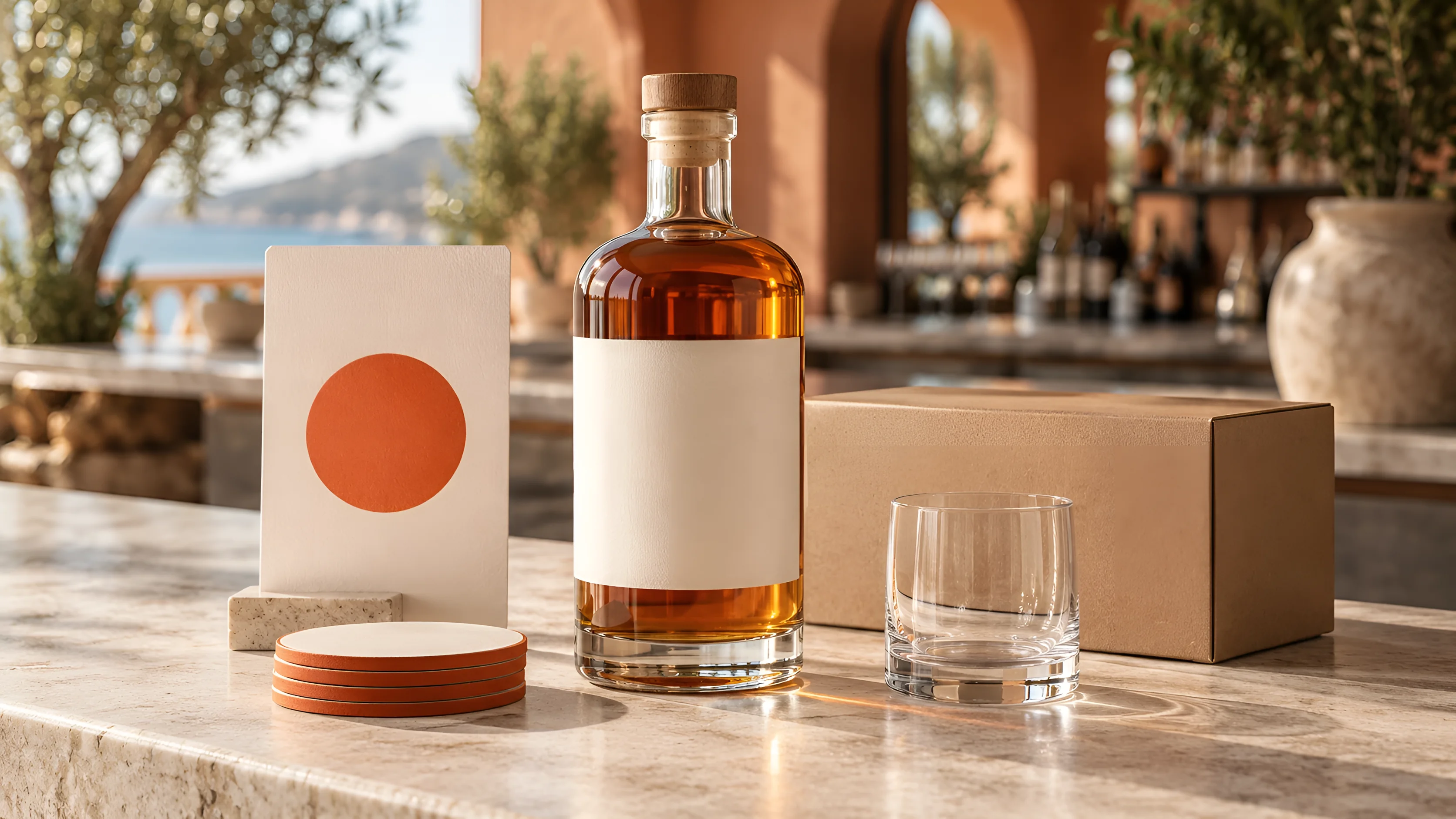 Concept illustration of unbranded launch materials in a Mediterranean setting