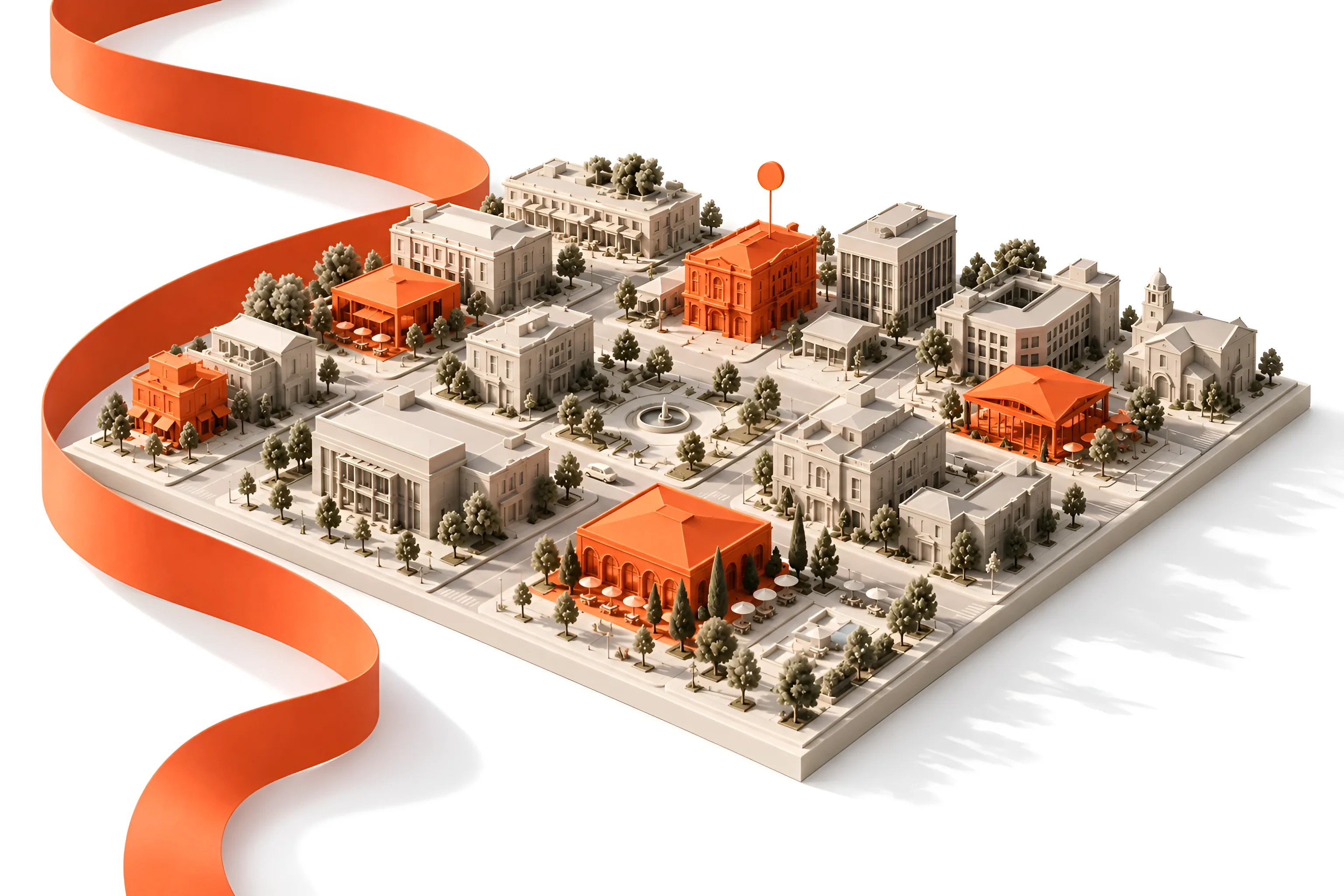 Concept illustration of an ivory miniature city with selected orange venues and a connecting orange ribbon