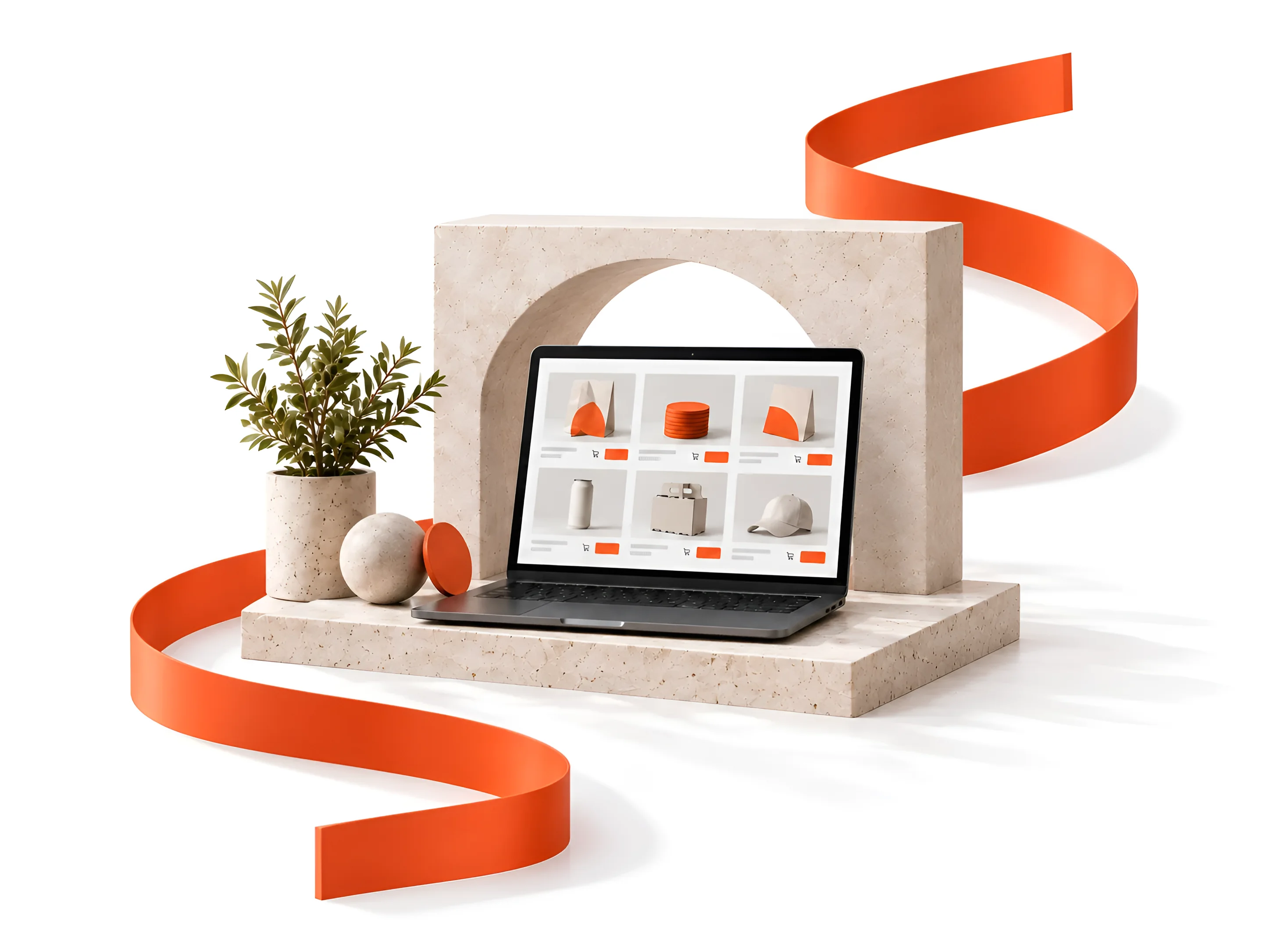 Concept illustration of a software portal beneath a limestone arch, connected by an orange ribbon