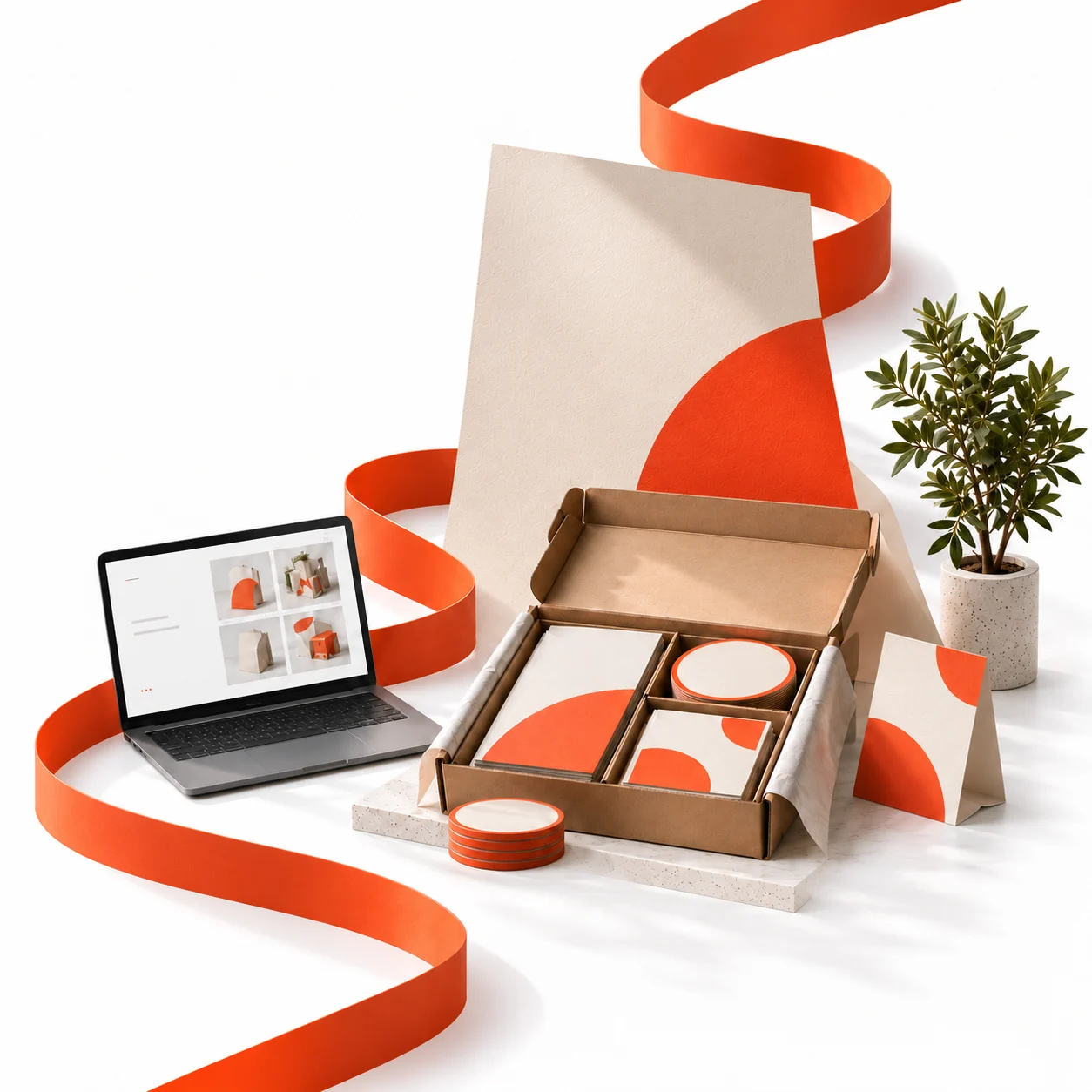 Concept illustration connecting a software portal with paper, packaging and production materials through an orange ribbon
