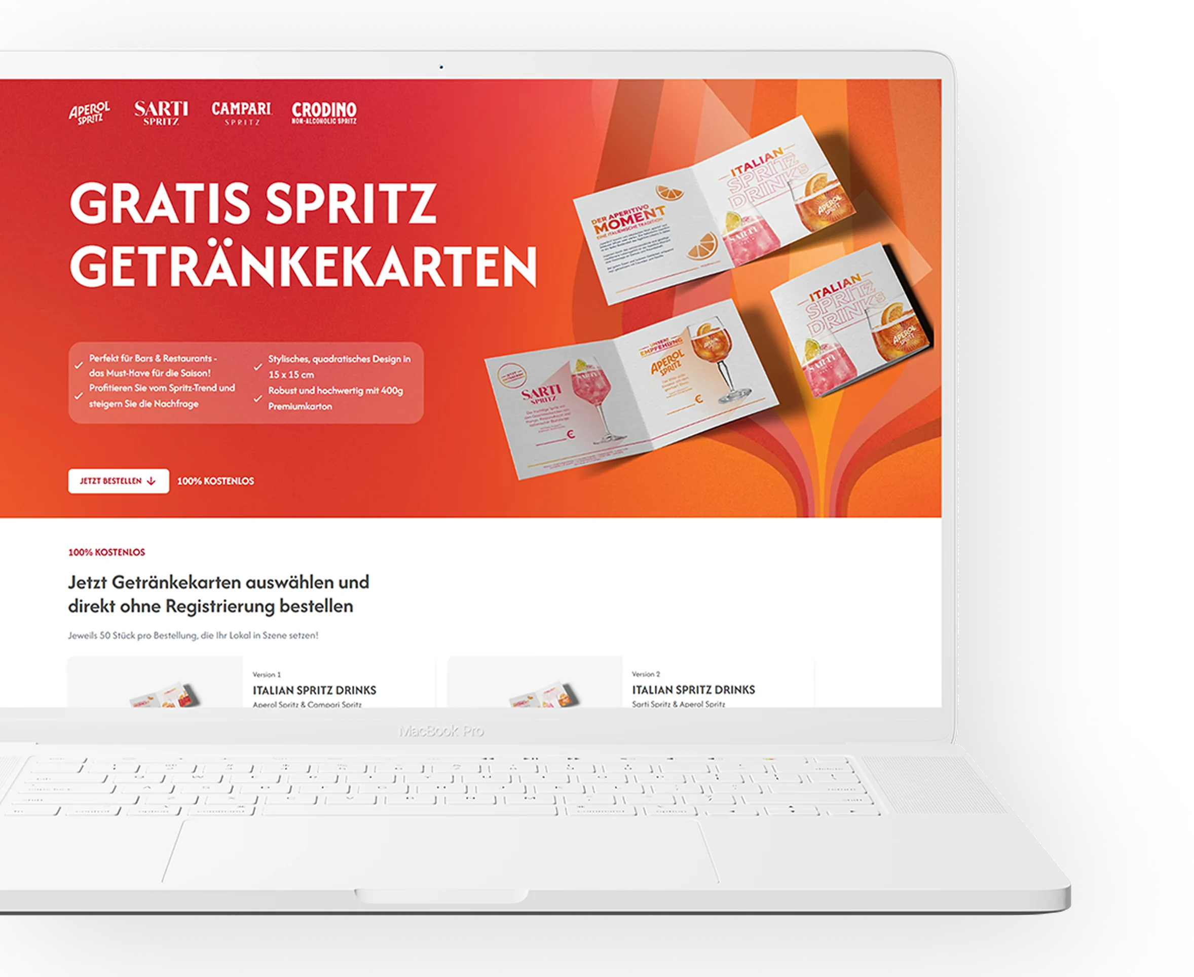 Laptop showing the Gratis Getraenkekarten ordering platform